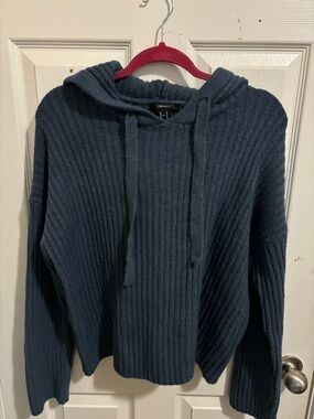 Forever 21 Dark Teal Ribbed Knit Hooded Sweater
